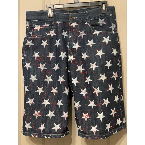 King Maker Custom Men's Jean Shorts 36x13 Straight Fit Dark Wash White Stars Red - Picture 3 of 15